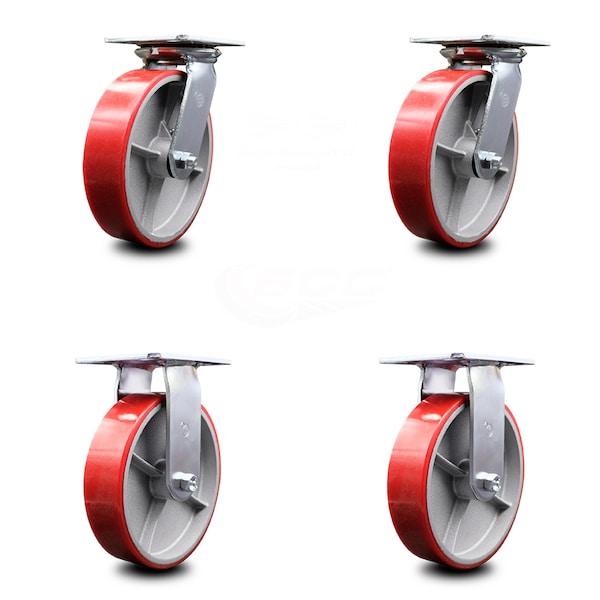 8 Inch Poly on Cast Iron Caster Set with Roller Bearing 2 Swivel Lock 2 Rigid